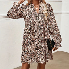 Abstract Print V Neck Long Sleeve Pleated A-Line Mini Dress