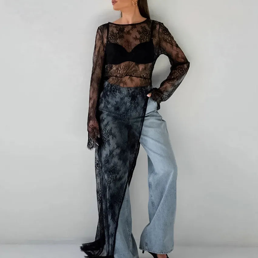 Round Neck Long Sleeve Sheer Lace Asymmetric Slit Maxi Dress