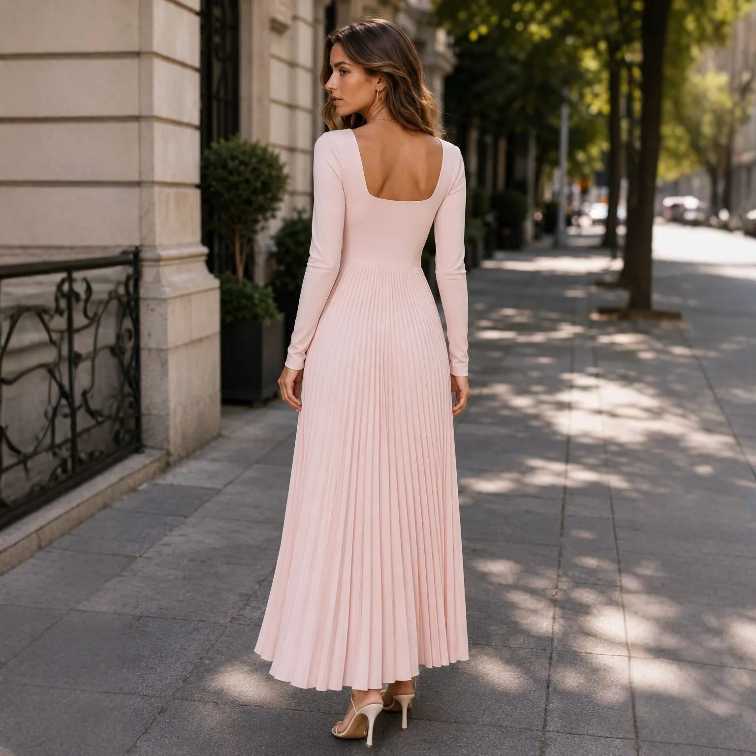 Square Neck Long Sleeve High Waist Pleated Maxi Dress Elegant Commuter Dress