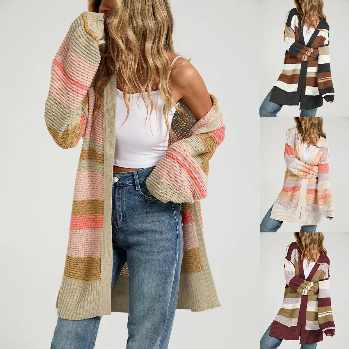 Multi Color Striped Long Open Knit Cardigan Long Sleeve Thumbhole Casual Sweater Coat