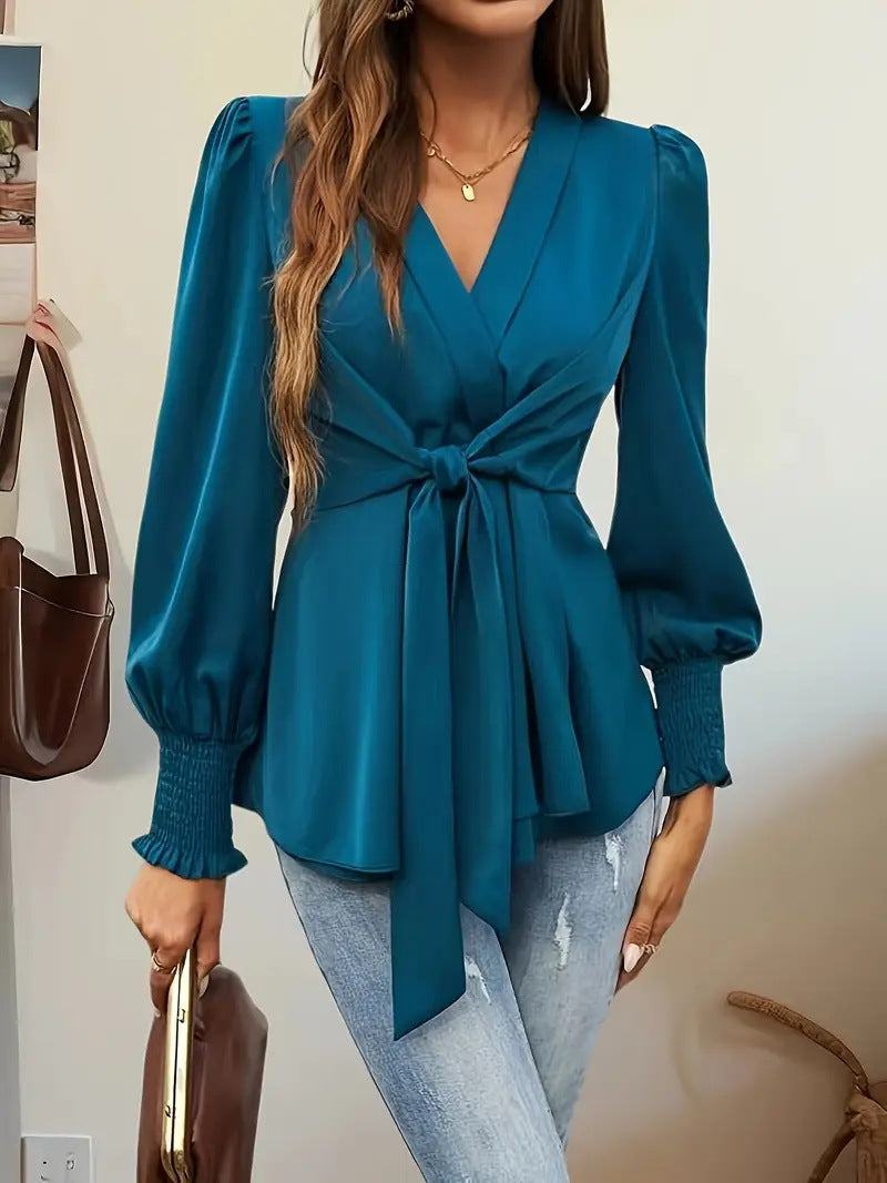 Wrap V-Neck Tie Waist Blouse