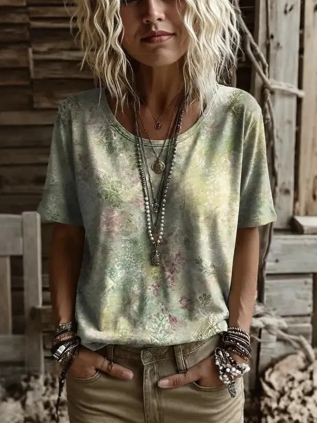3D Color Block Print V Neck Rolled Short Sleeve Casual Tee