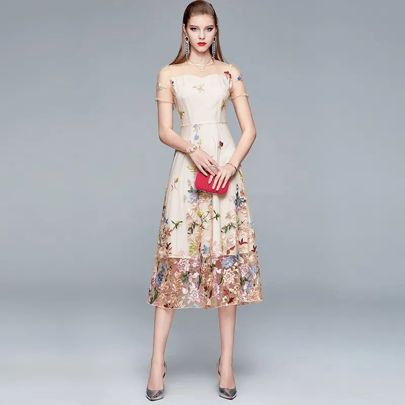 Beige Floral Embroidered Midi Dress, Sheer Short Sleeve A-Line Formal Evening Dress