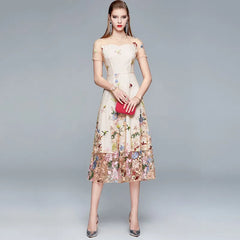 Beige Floral Embroidered Midi Dress, Sheer Short Sleeve A-Line Formal Evening Dress