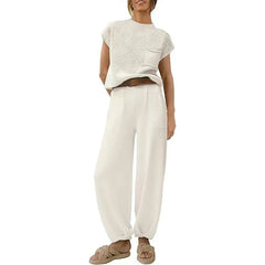 White Knit Short-Sleeve Top & Khaki High-Waisted Pants Two-Piece Set