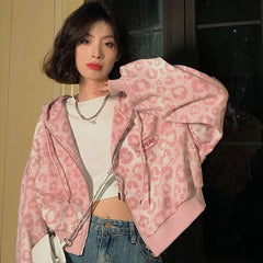 Y2K Pink Leopard Print Cropped Zip Up Hoodie Long Sleeve Crop Sweatshirt