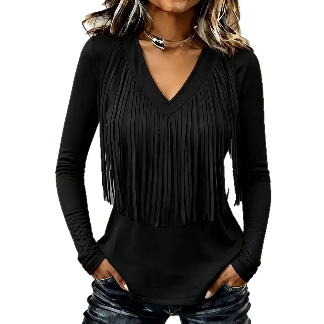 Country Style Fringed V Neck Shirt, Solid Burgundy Long Sleeve Slim Fit Western Cowboy Top