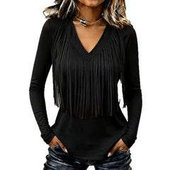 Country Style Fringed V Neck Shirt, Solid Burgundy Long Sleeve Slim Fit Western Cowboy Top
