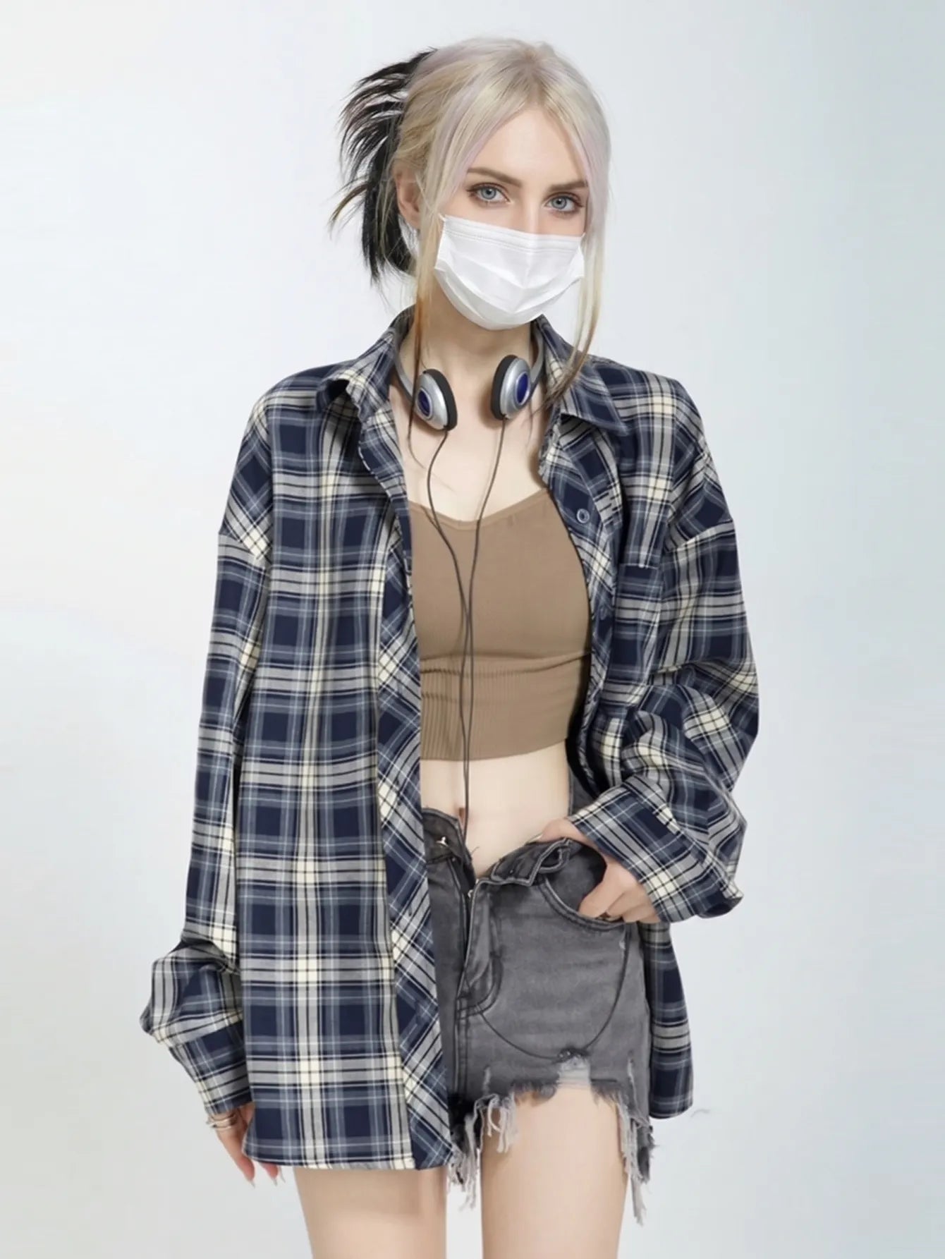 Loose Fit Navy Tartan Plaid Shirt, Oversized Longline Casual Streetwear Blouse