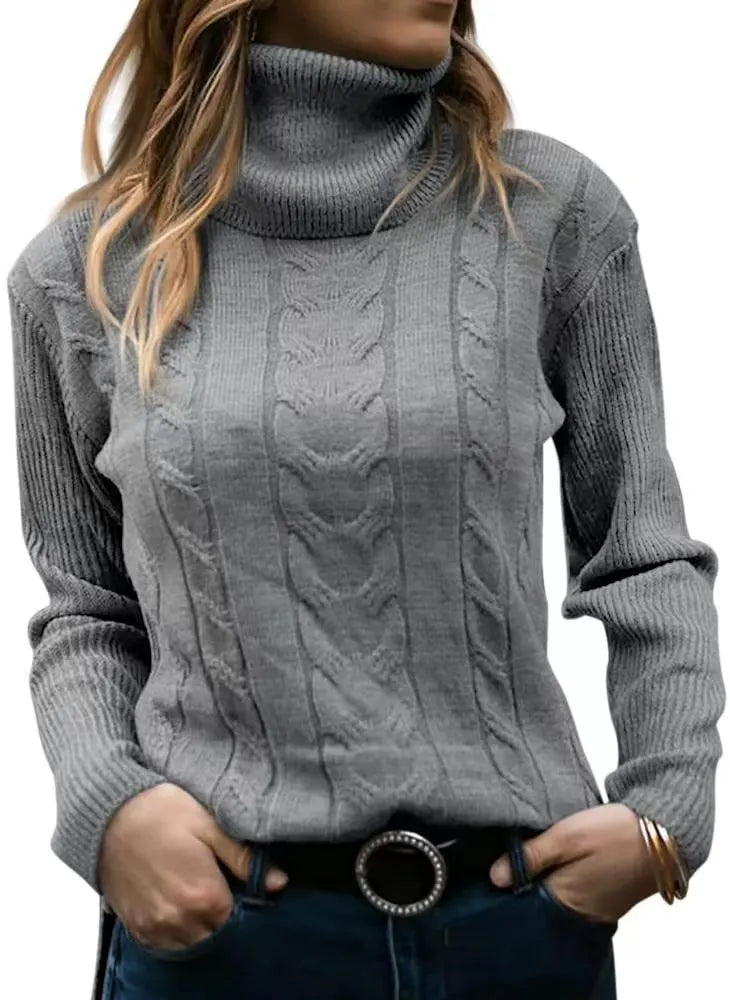 Thick Cable Knit Turtleneck Sweater, Classic Warm Long Sleeve Winter Jumper