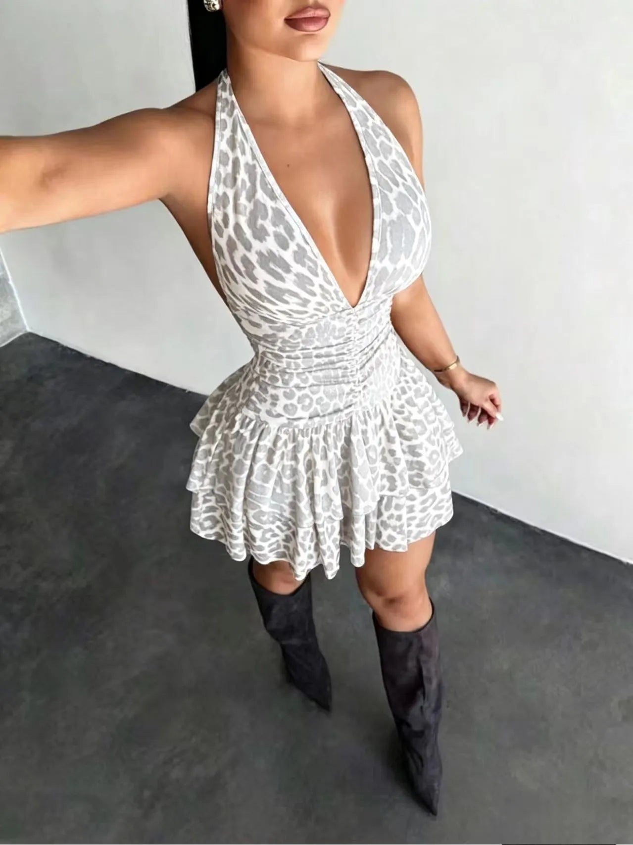 Leopard Print Deep V-Neck Halter Ruched Ruffle Mini Dress
