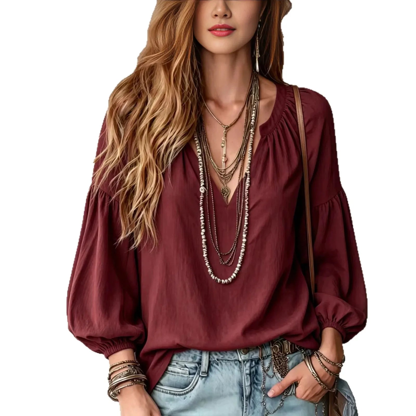 Notched V Neck Puff Sleeve Elastic Cuff Relaxed Fit Shirt