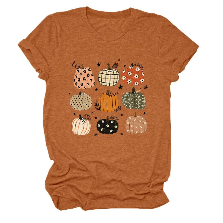 Leopard Floral Plaid Pumpkin Casual Short Sleeve Tee