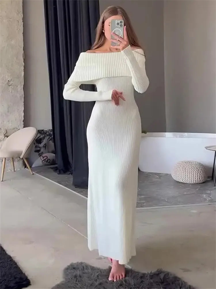 Off Shoulder Ribbed Knit Maxi Dress