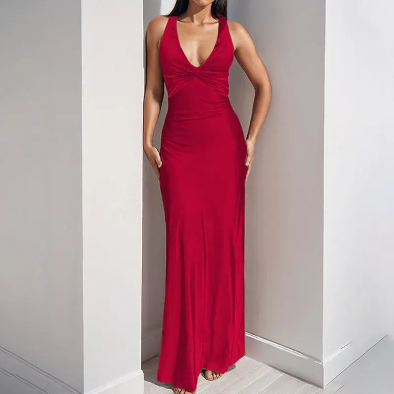 Twist-Front Satin Slip Midi Dress
