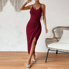 Ribbed Knit Twist Front Spaghetti Strap Slit Maxi Dress (Multiple Colors)