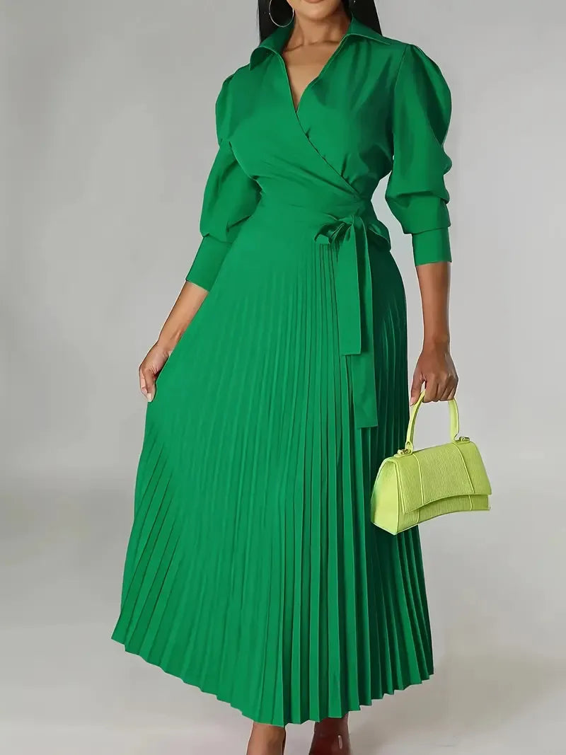 Wrap Front Pleated Midi Dress with Puff Sleeves
