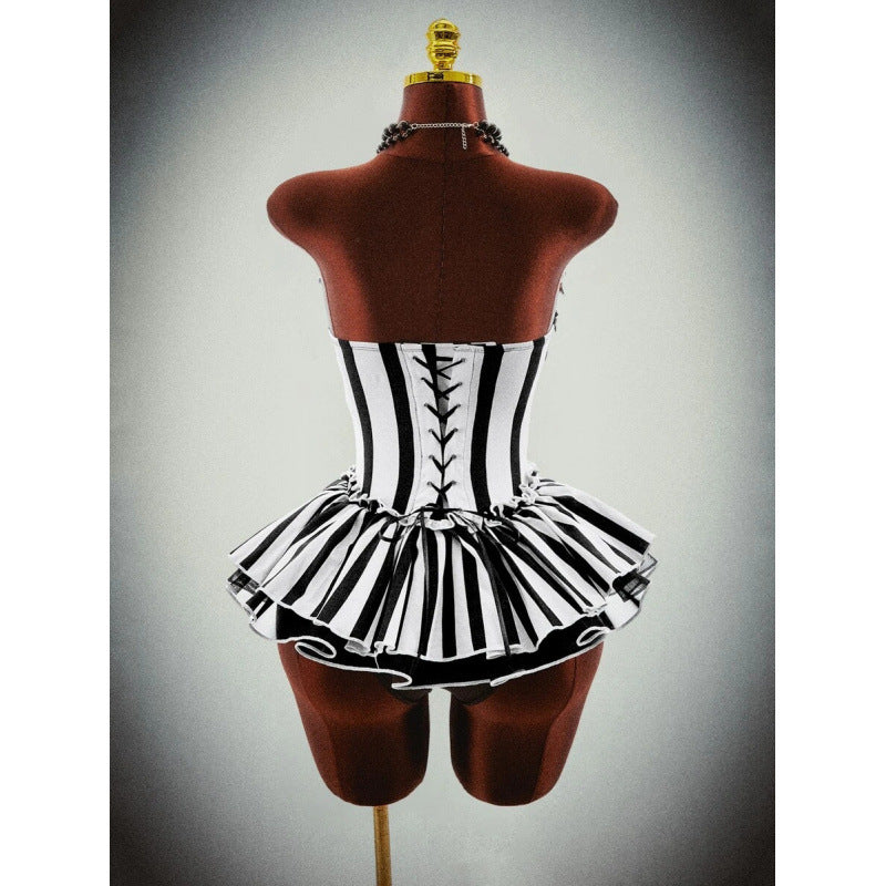 Black White Striped Clown Corset Costume, Halloween Ruffle Tutu Skirt Corset Outfit