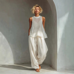 Sleeveless High Neck Flowy Top & Wide Leg Linen-Blend Pants Set