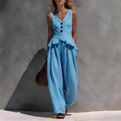 White Ruffled V-Neck Tank & Wide-Leg Pants Set