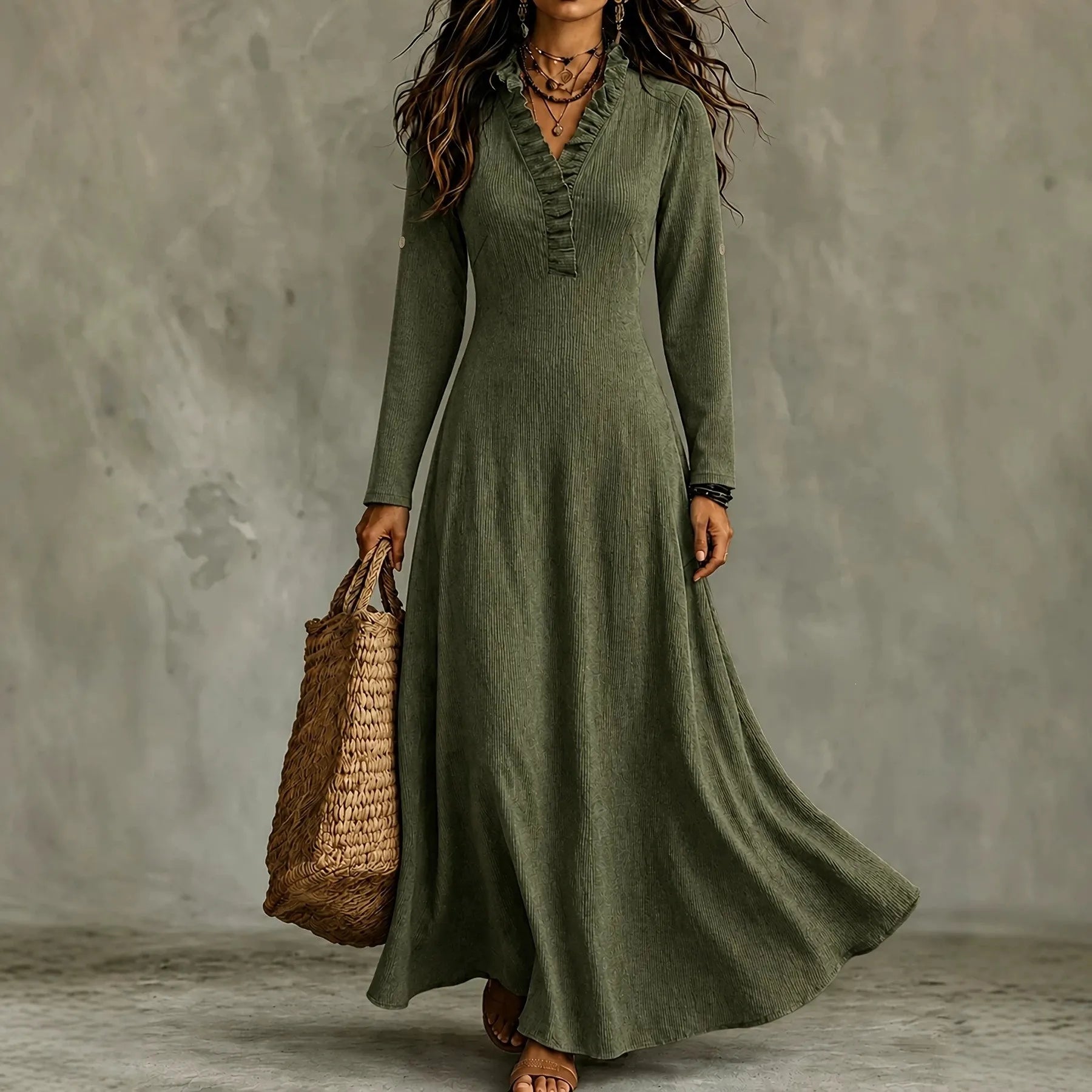 Olive Green Ruffled V-Neck Long Sleeve Flowy Maxi Dress