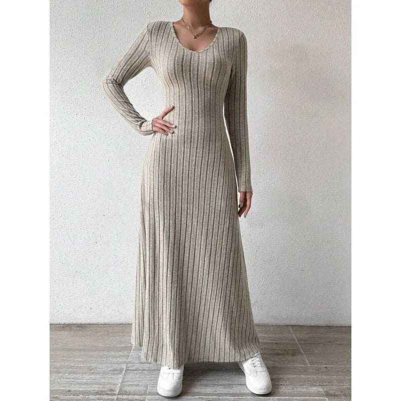 Round Neck Long Sleeve Ribbed Knit Slim A-Line Maxi Dress
