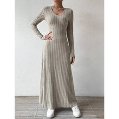 Round Neck Long Sleeve Ribbed Knit Slim A-Line Maxi Dress