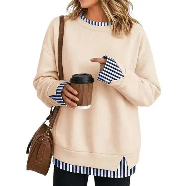 Fake Two Piece Sweatshirt, Black Base with Black White Stripe Cuff & Hem Detail