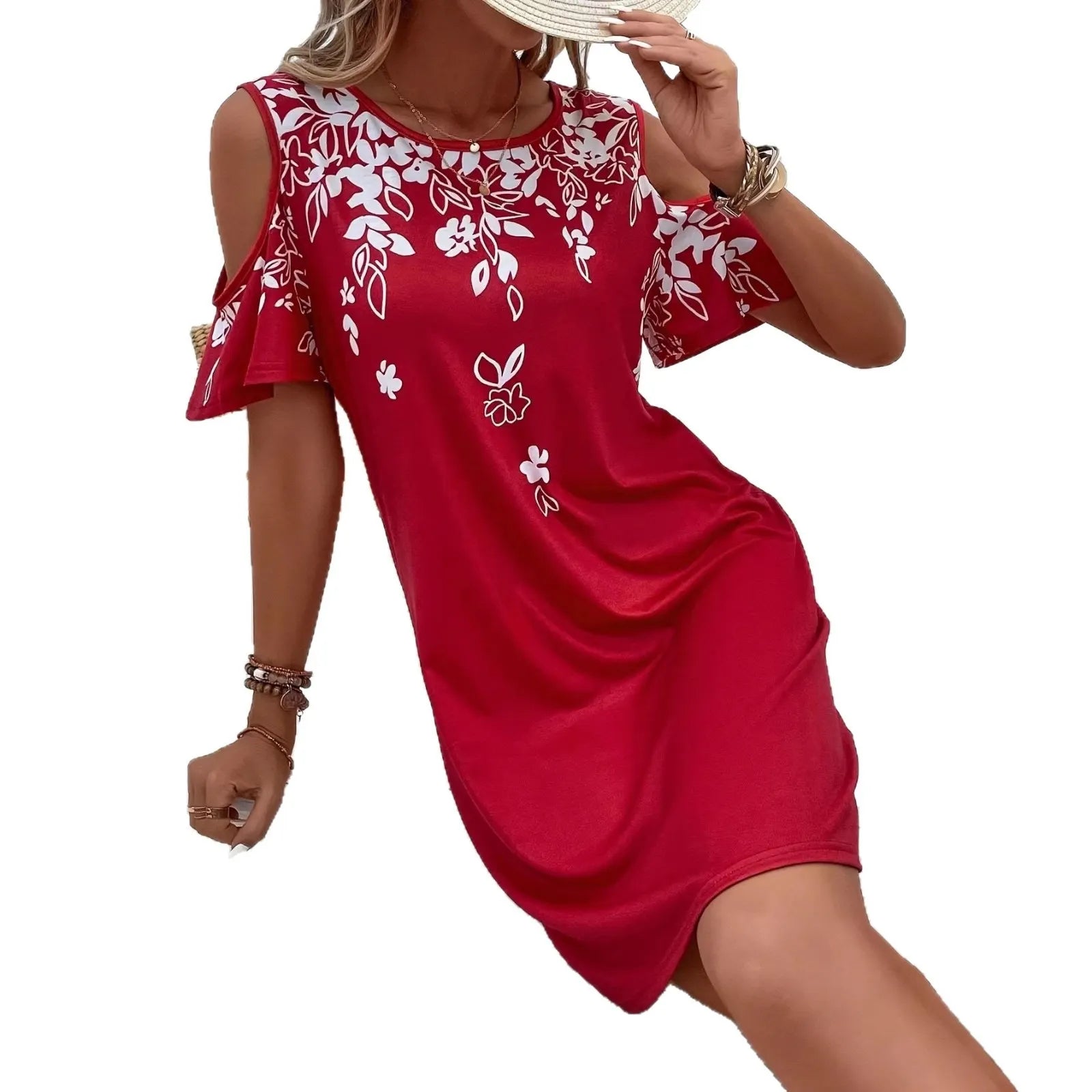 Navy Floral Print Cold Shoulder Shift Dress
