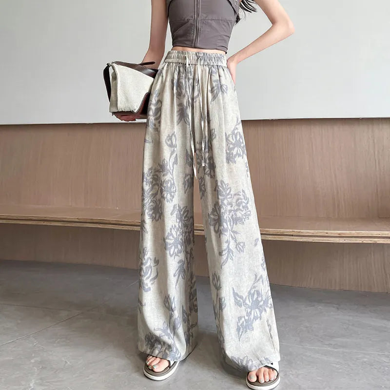 Vintage Floral Print Drawstring High Waist Micro Stretch Wide Leg Long Pants
