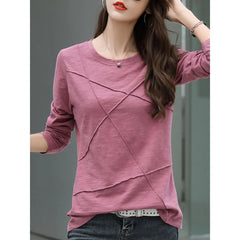 Solid Round Neck Spliced Grinding Pure Cotton Long Sleeve Slim Fit T-Shirt