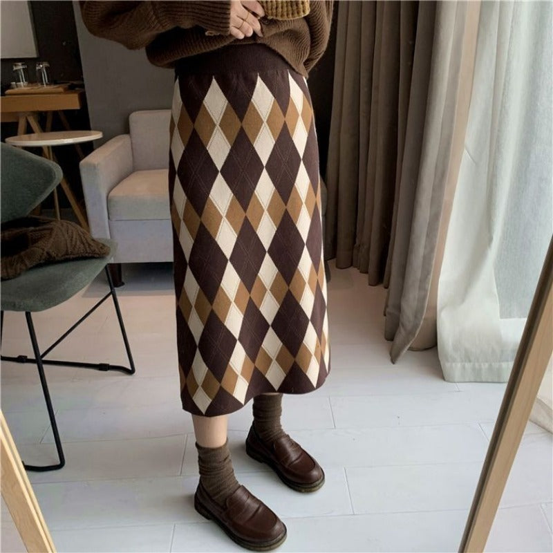 Argyle Knit A-Line Mid-Calf Skirt