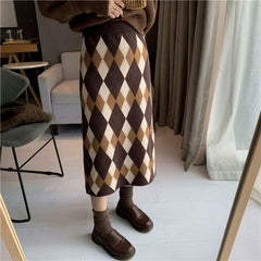 Argyle Knit A-Line Mid-Calf Skirt