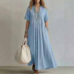 Solid Color V-Neck Pleated Loose Cotton Linen Maxi Casual Dress