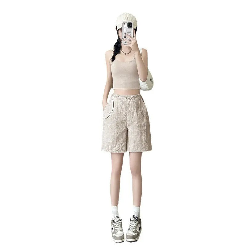 High Waist Drawstring Micro-Stretch Loose Straight Five-Point Shorts
