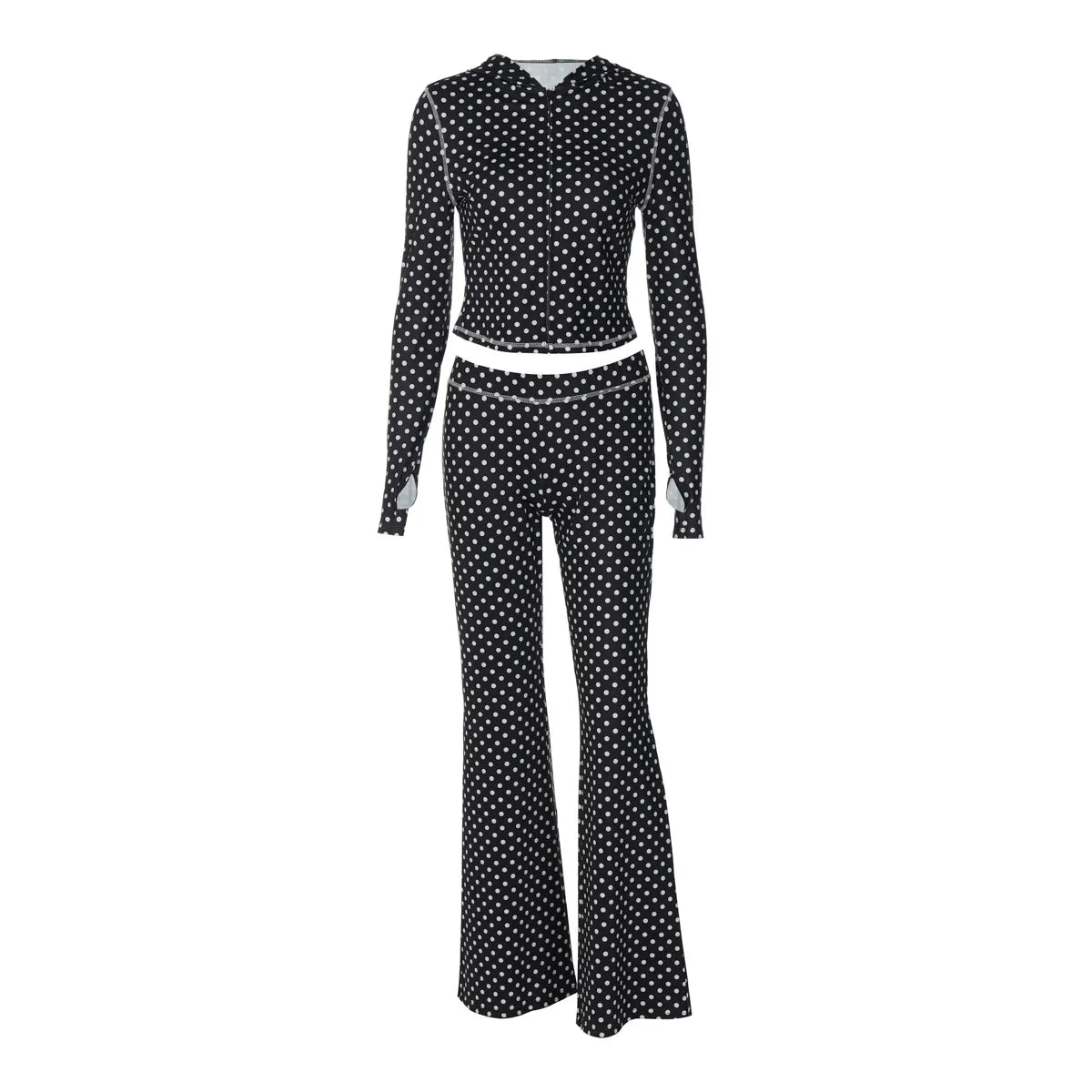 Polka Dot Two-Piece Loungewear Set, Long Sleeve Crop Top & Flare Pants