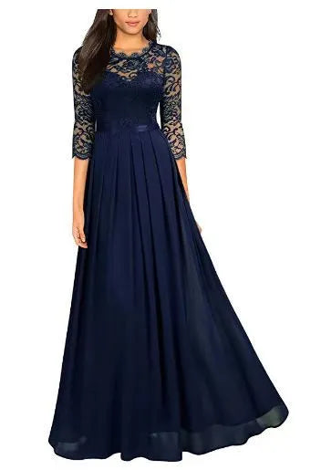 Burgundy Lace & Chiffon 3/4 Sleeve Evening Maxi Dress