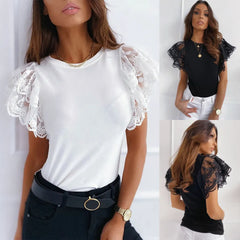 Lace Ruffle Sleeve Round Neck Top