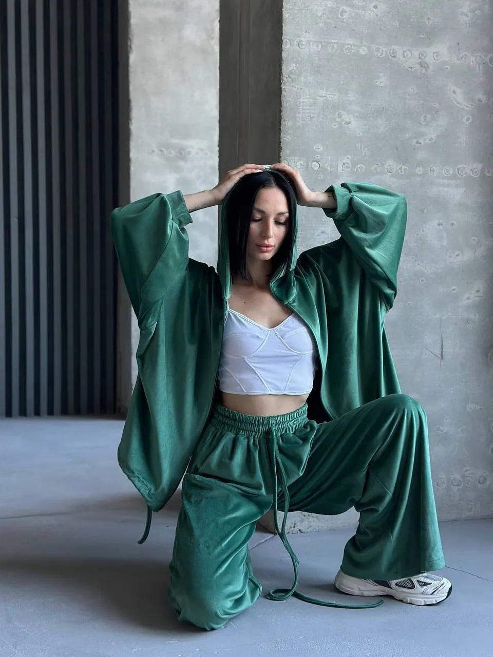 Solid Casual Long Sleeve Top & Wide Leg Pants Streetwear