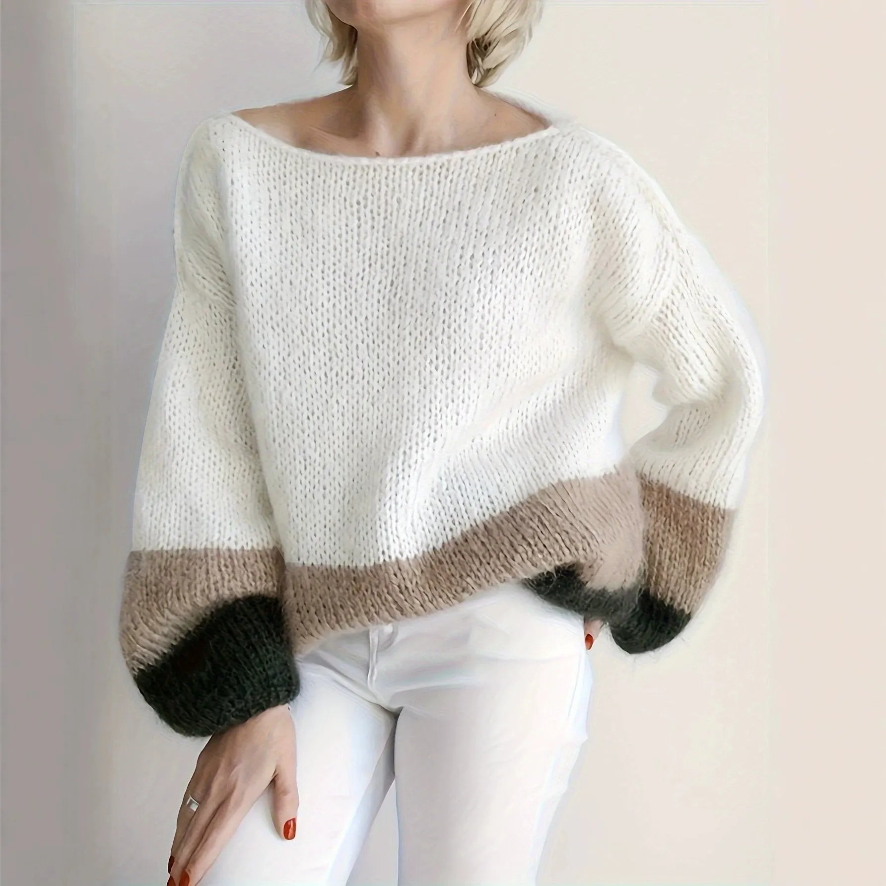One‑Shoulder Color Block Knit Pullover Sweater