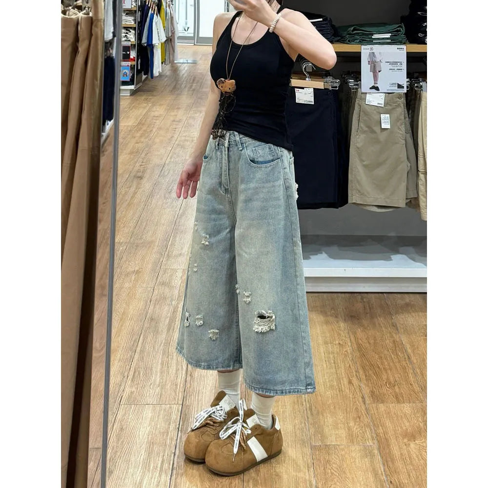 High Waist Ripped Wide Leg Cropped Jeans