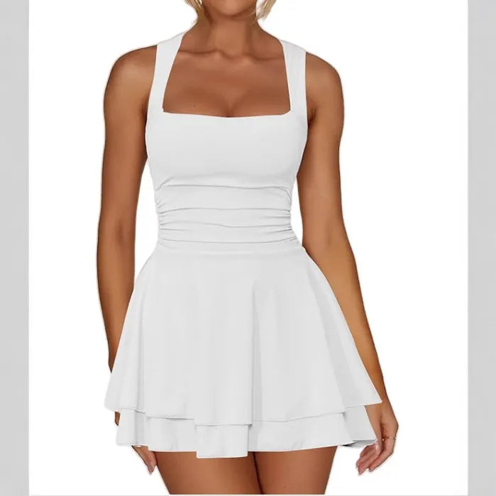Square Neck Sleeveless Ruched Waist Double Layer Ruffle Mini Dress