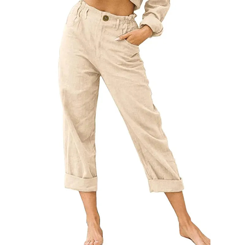 Linen Blend Rolled Cuff Cropped Pants