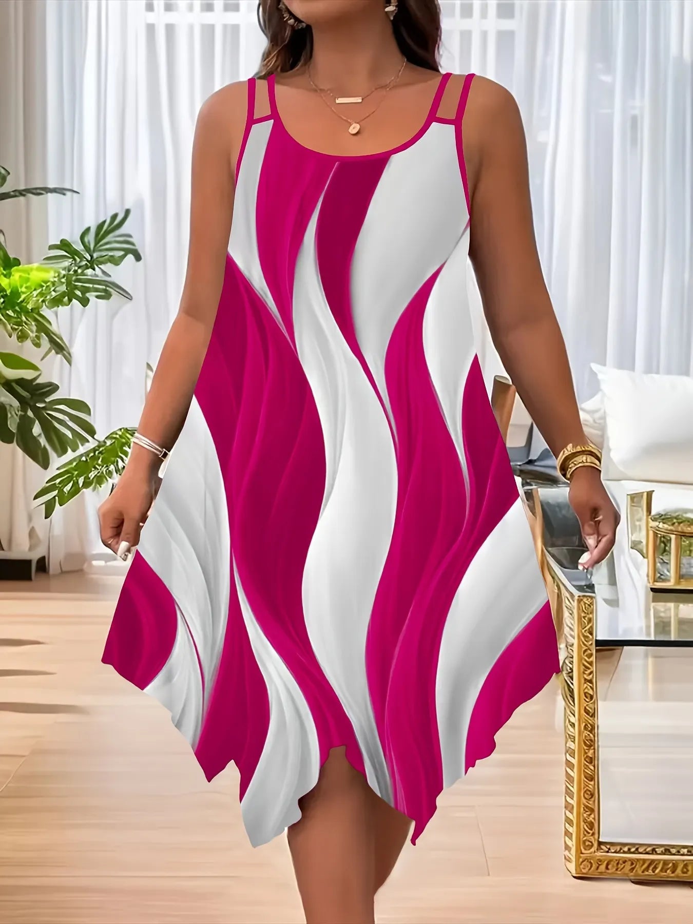 Wave Print Round Neck Double Spaghetti Strap Loose Irregular Hem Midi Dress