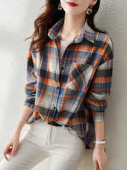 Fall Color Block Plaid Oversized Shirt, Button Front Long Sleeve Layering Blouse