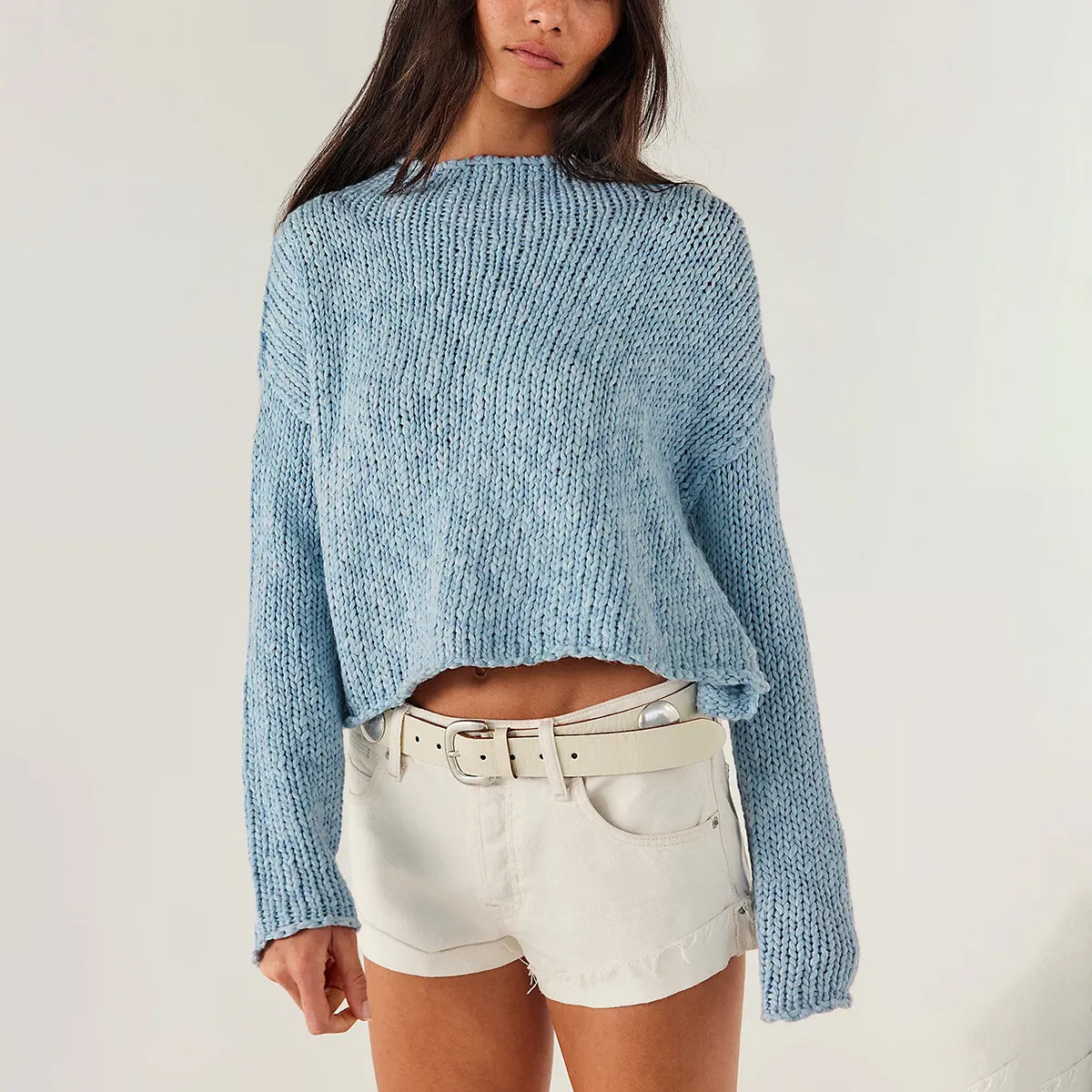 Thick Hand Knit Textured Sweater Crew Neck Long Sleeve Cropped Oversized Top