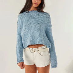 Thick Hand Knit Textured Sweater Crew Neck Long Sleeve Cropped Oversized Top