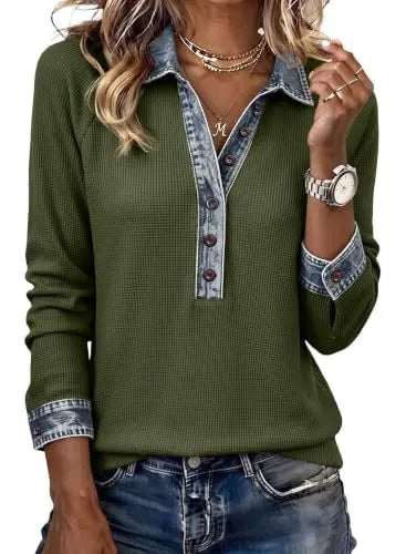 Contrast Denim Trim Half Button V-Neck Long Sleeve Blouse
