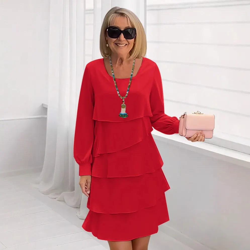Solid Color Tiered Ruffle Long Sleeve Midi Dress