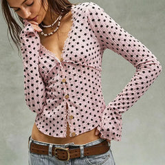 Retro Polka Dot V-Neck Long Sleeve Top, Lace Edge Button Front Slim Blouse